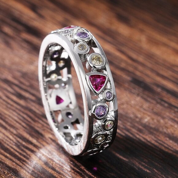 🎁 CZ Colorful Gemstones Multi Shapes Eternity Rings For Women, HA4150-6 - Picture 1 of 2